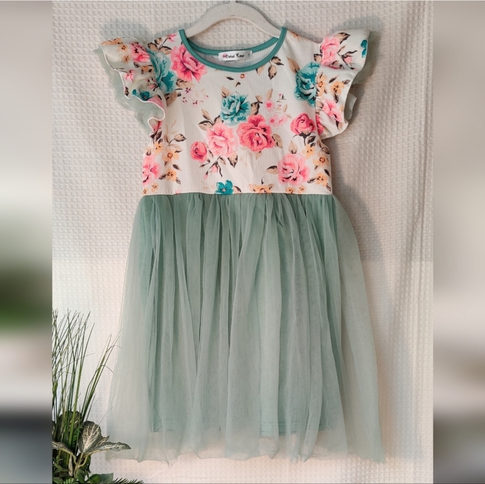 Orchid Lane Little Girls Floral Top, Mint Green Tuelle Bottom Dress Size 7